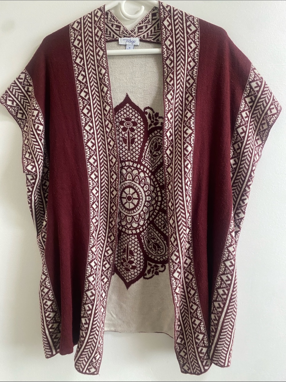 Indigo Burgundy and Cream Patterned Open Knit Poncho Cardigan